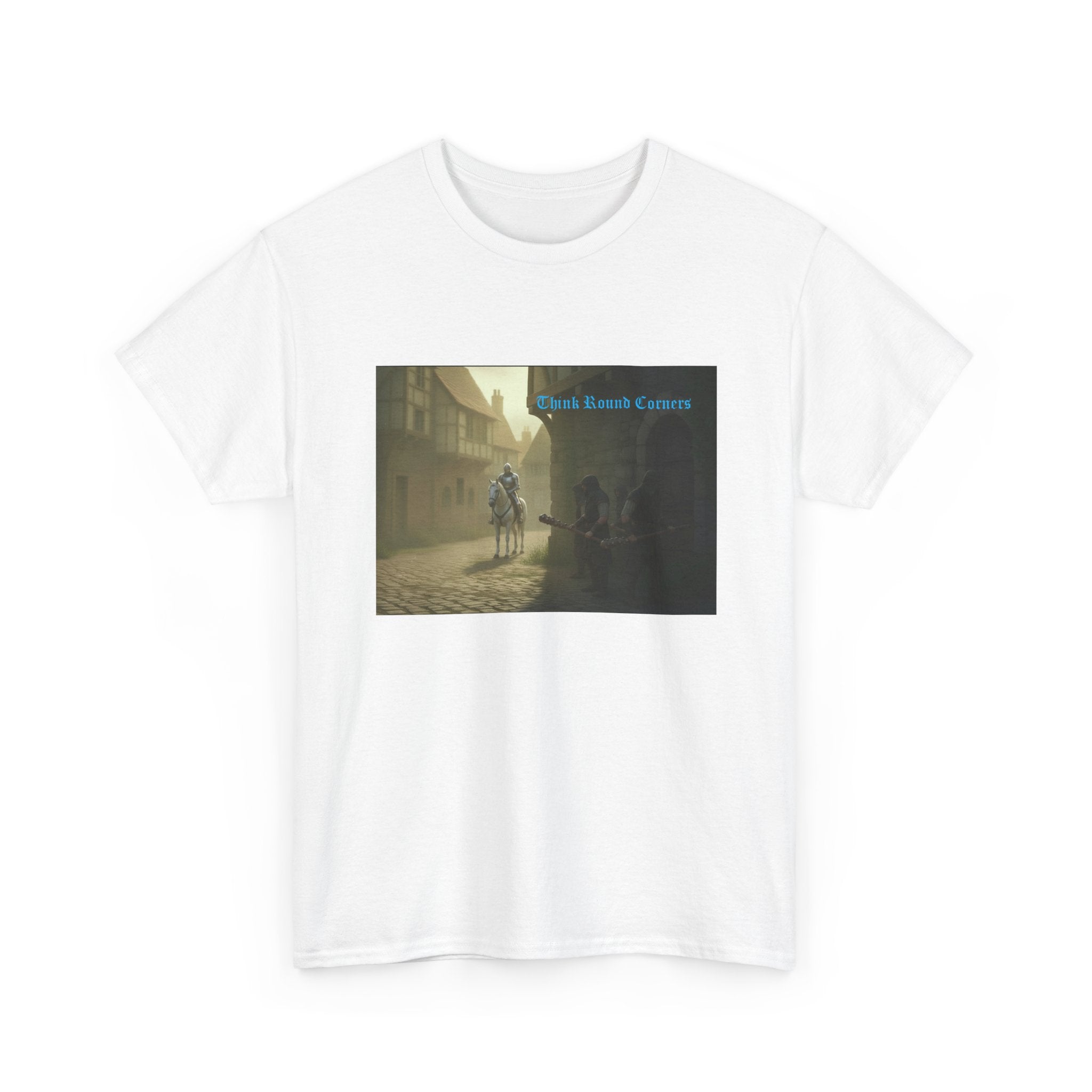Medieval Knight Street Scene Tee — Vintage Chivalry Graphic T-Shirt
