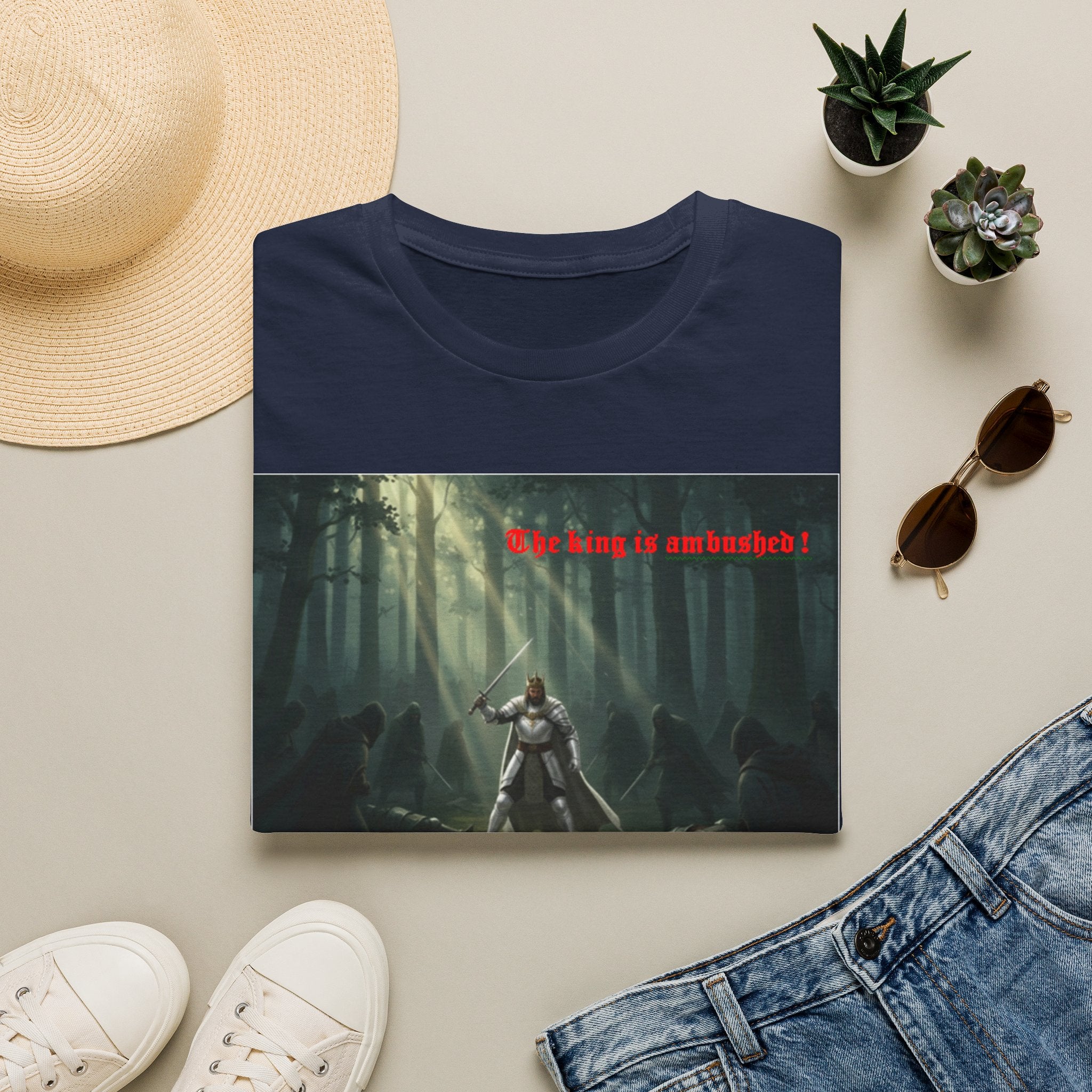Fantasy Warrior Forest T-Shirt — "Our King is Ambushed!" Graphic Tee
