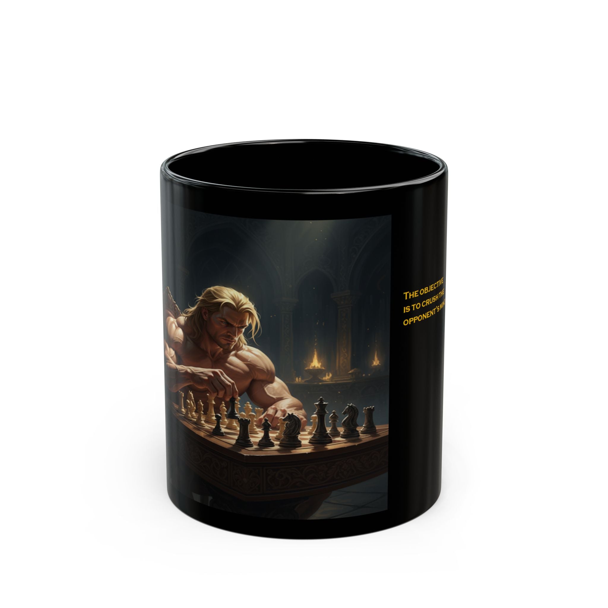 Chess Champion Black Mug — 'The Objective Is To Crush The Opponent's Mind' Fantasy Artwork